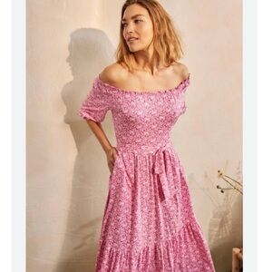 BODEN Womans Romy Pink White Jersey Midi Dress Palm Print Ruffle Trim 12 R